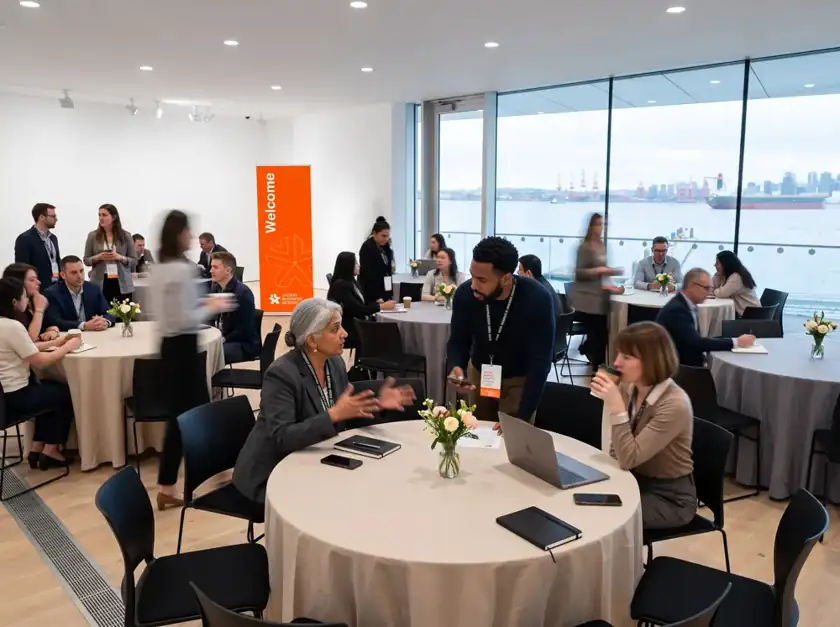 Forum attendees connecting around tables overlooking Vancouver harbour